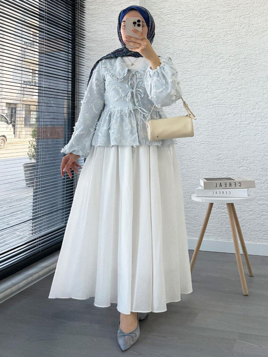 Tassel-Striped  Kimono Tie-Up Shirt Blue