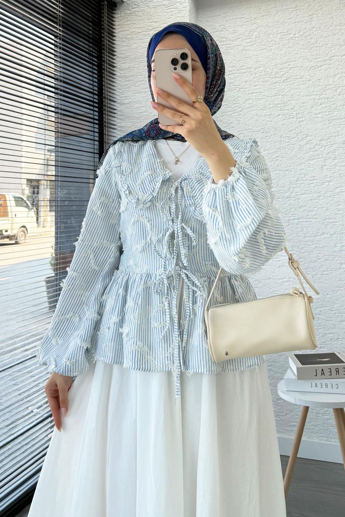 Tassel-Striped  Kimono Tie-Up Shirt Blue