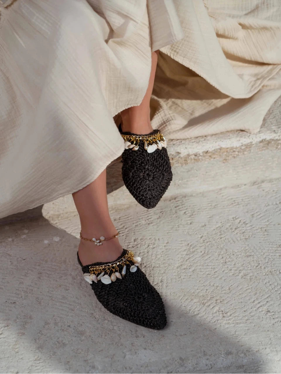 Black Woven Mules with Seashell Detail