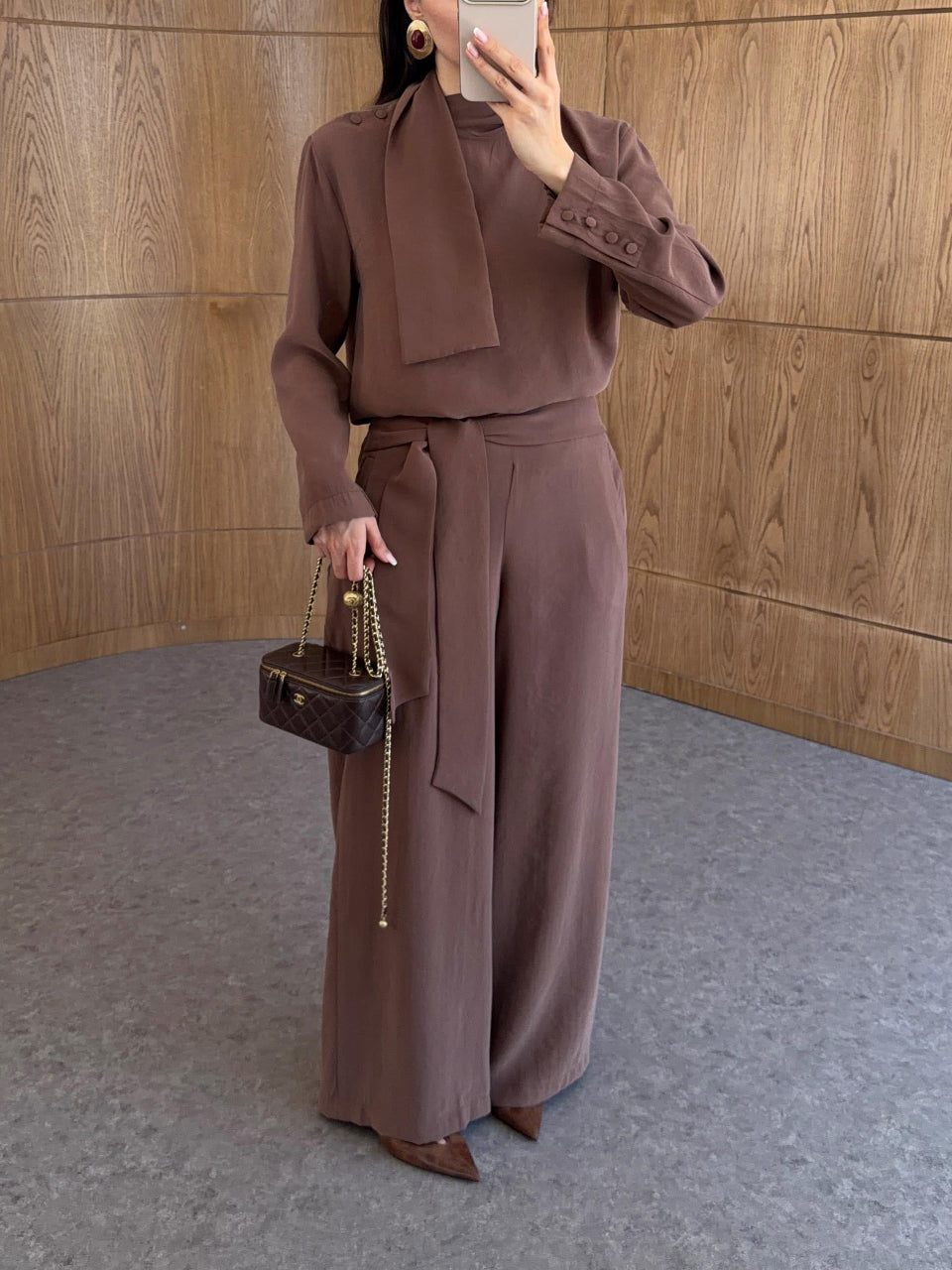 Chocolate Elegance Scarf Detail Co-Ord Set