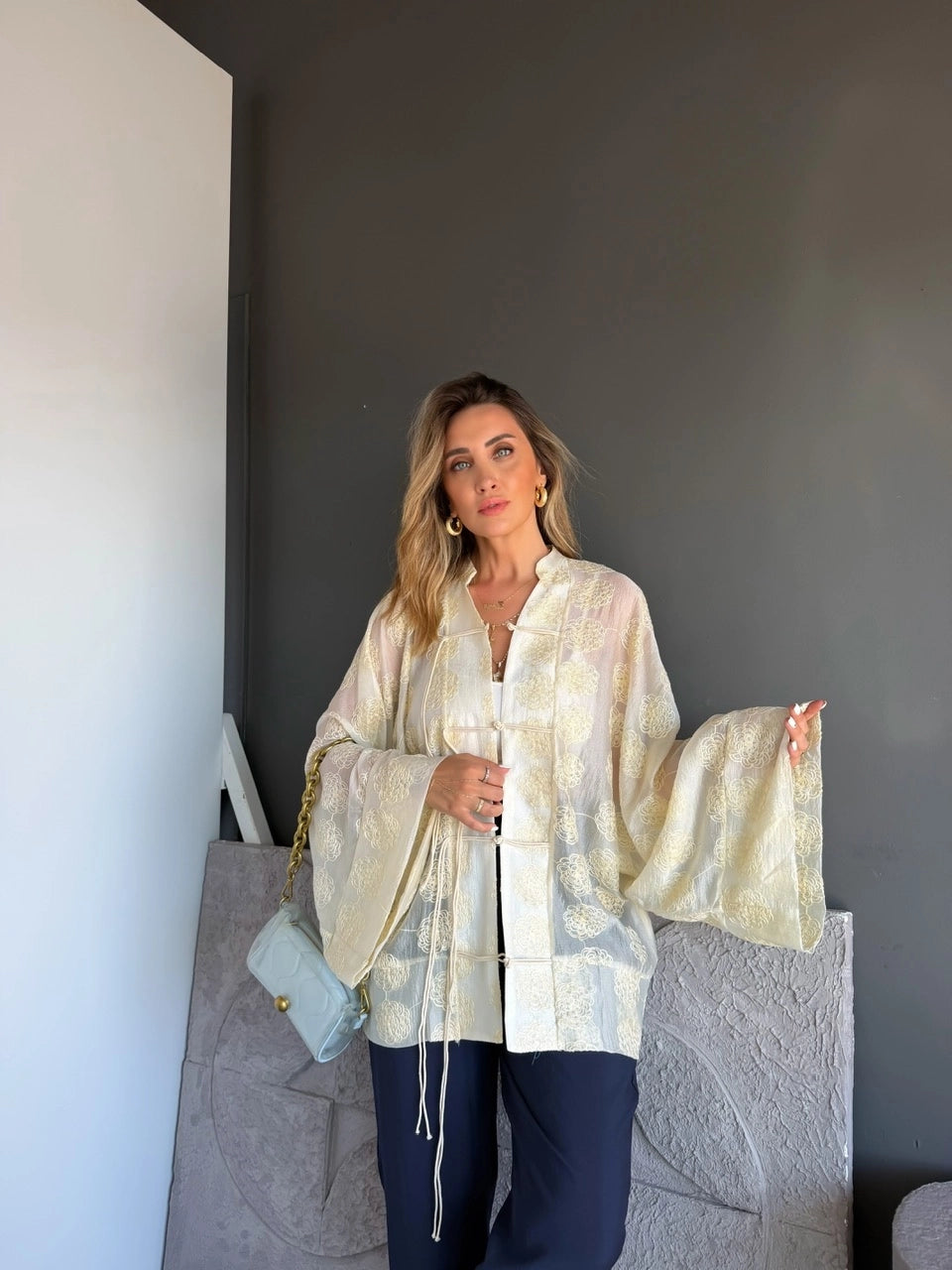 Mila Embroidered Sheer Kimono Cream
