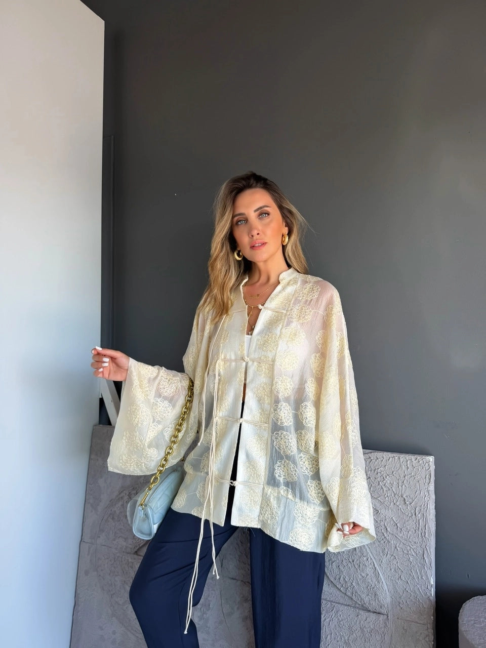 Mila Embroidered Sheer Kimono Cream