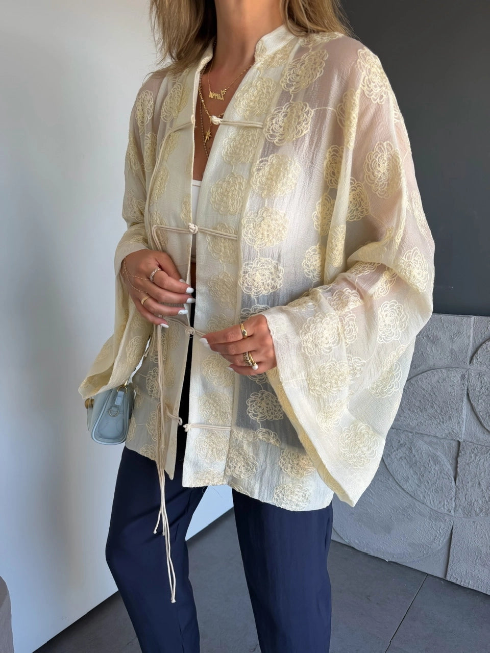 Mila Embroidered Sheer Kimono Cream