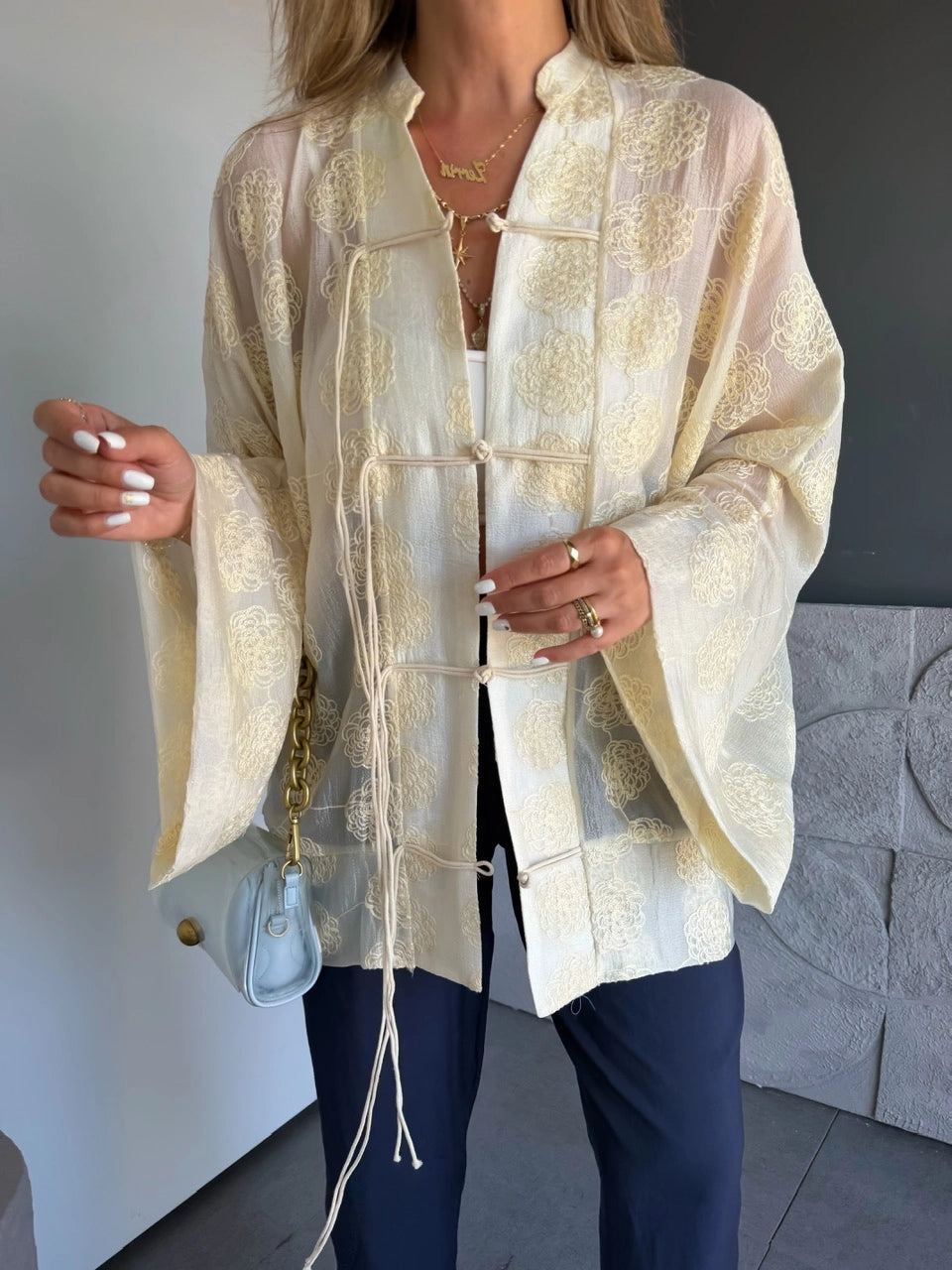 Mila Embroidered Sheer Kimono Cream