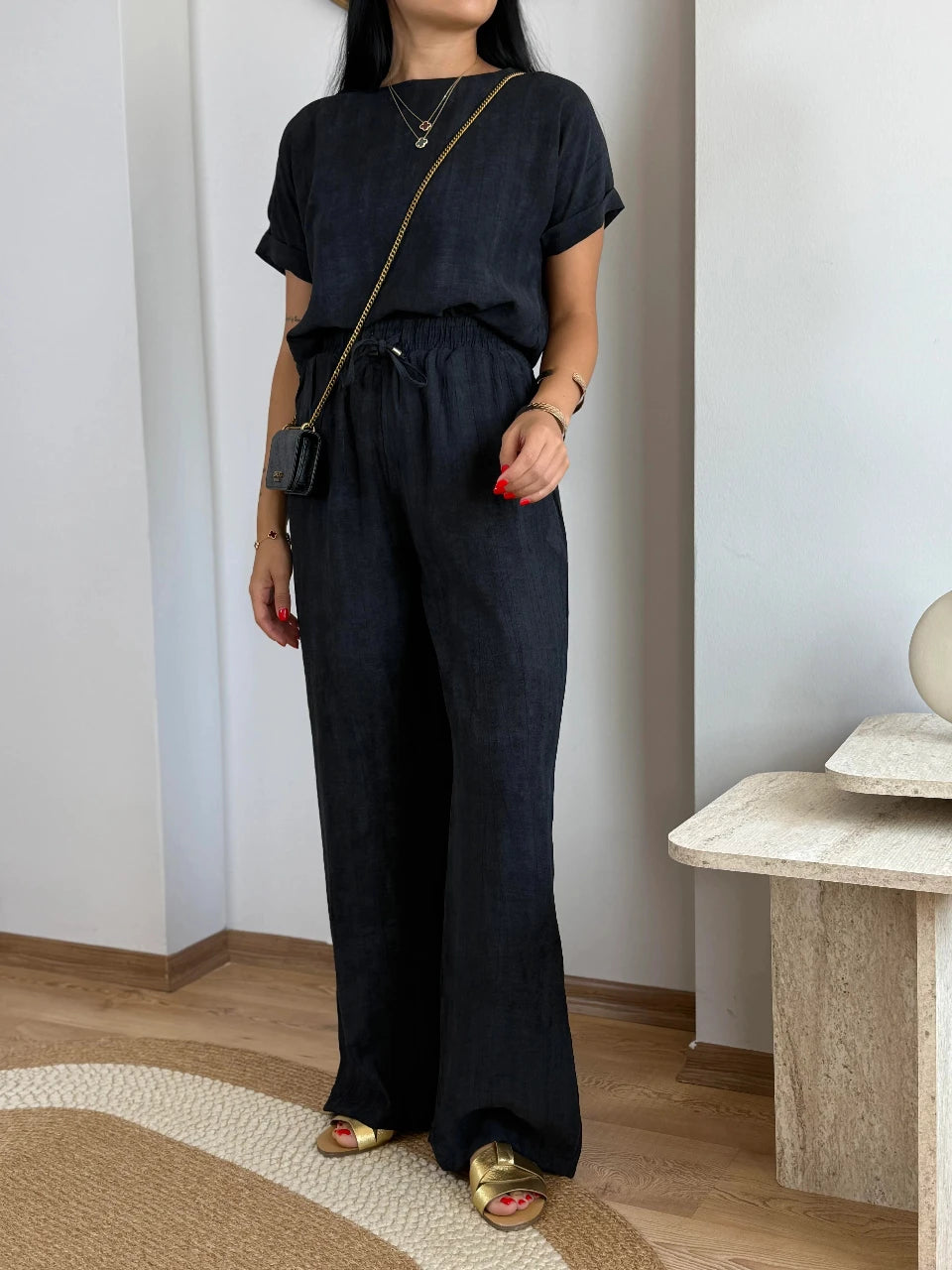 Lightweight Cotton-Blend Co-Ord Set – Boxy Top & Long Elastic Black Pants