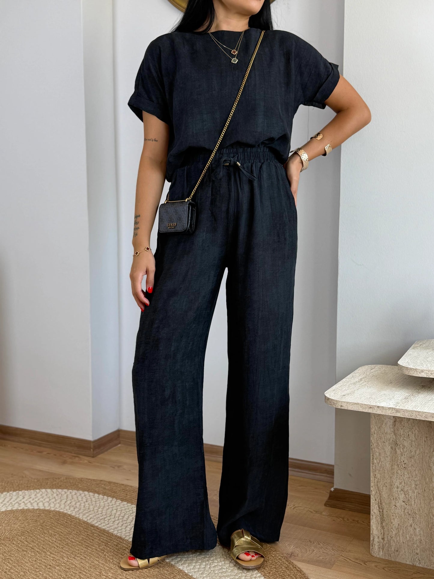 Lightweight Cotton-Blend Co-Ord Set – Boxy Top & Long Elastic Black Pants