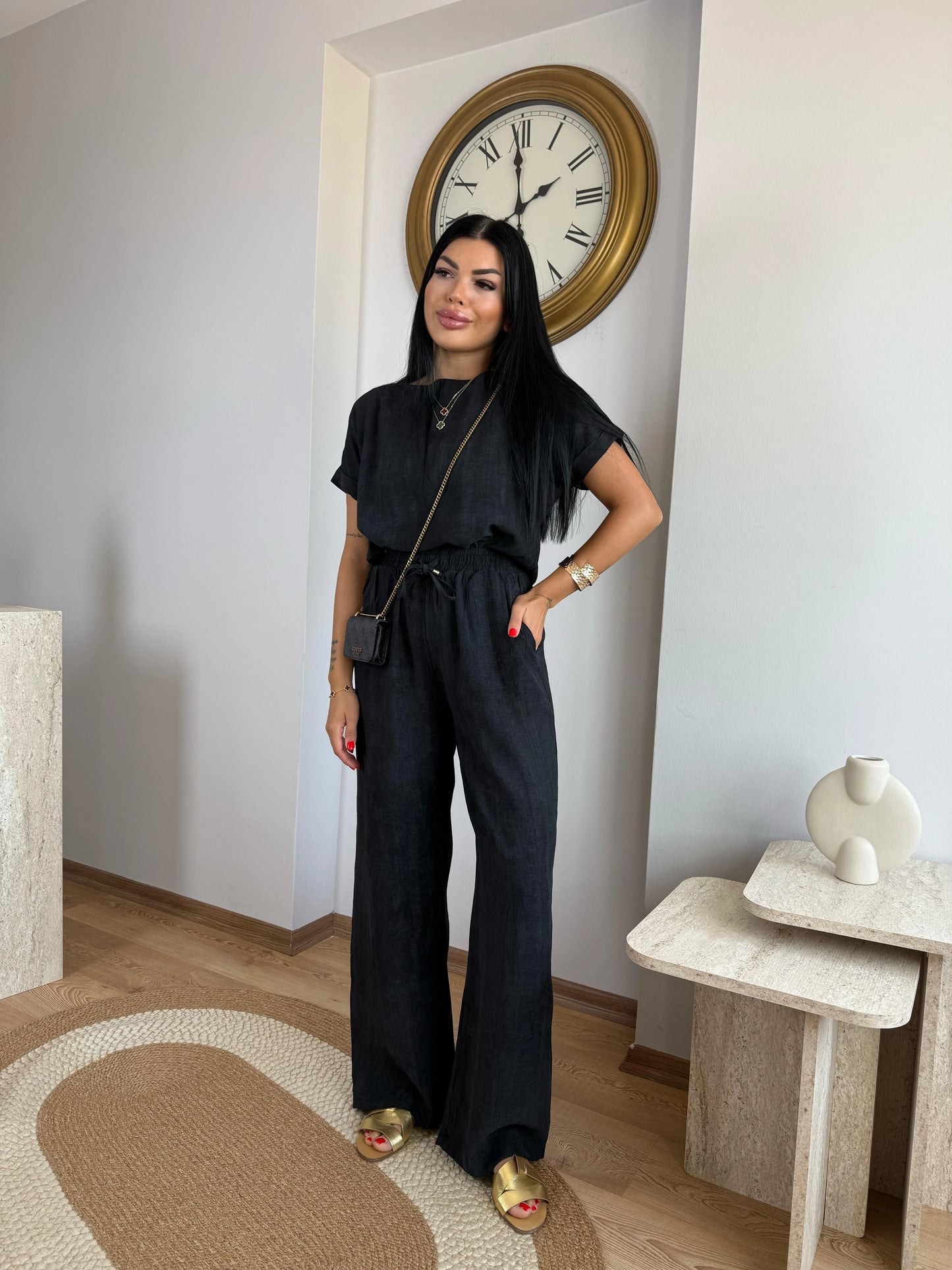 Lightweight Cotton-Blend Co-Ord Set – Boxy Top & Long Elastic Black Pants