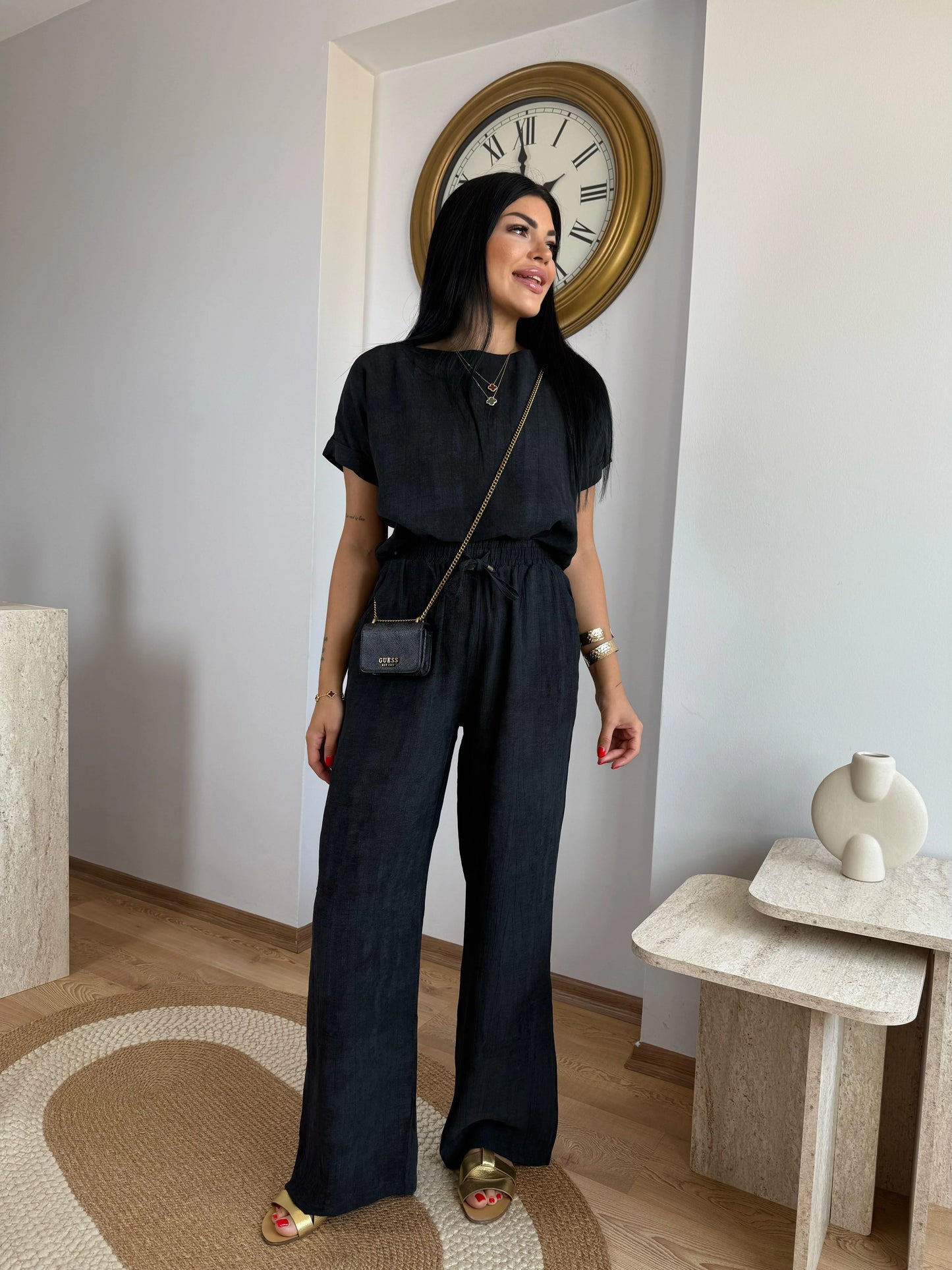 Lightweight Cotton-Blend Co-Ord Set – Boxy Top & Long Elastic Black Pants