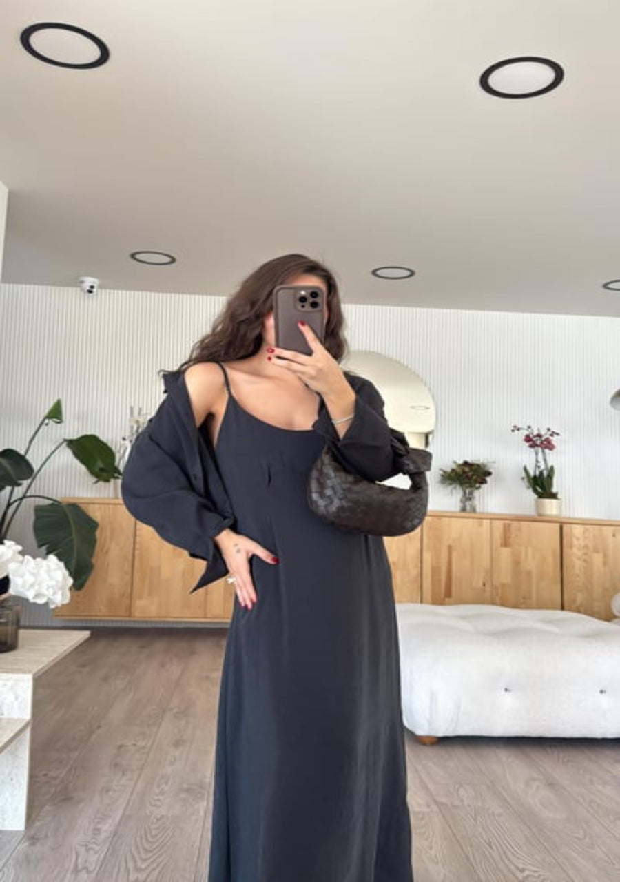 Effortless Elegance Maxi Dress & Oversized Shirt Jacket Set Black