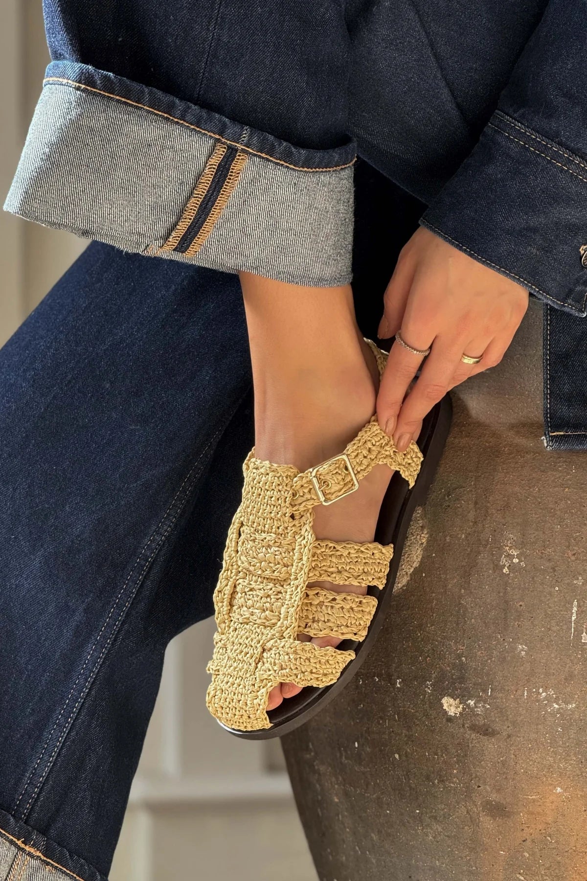 RAMONA Beige Woven Flat Sandals with Back Strap Detail