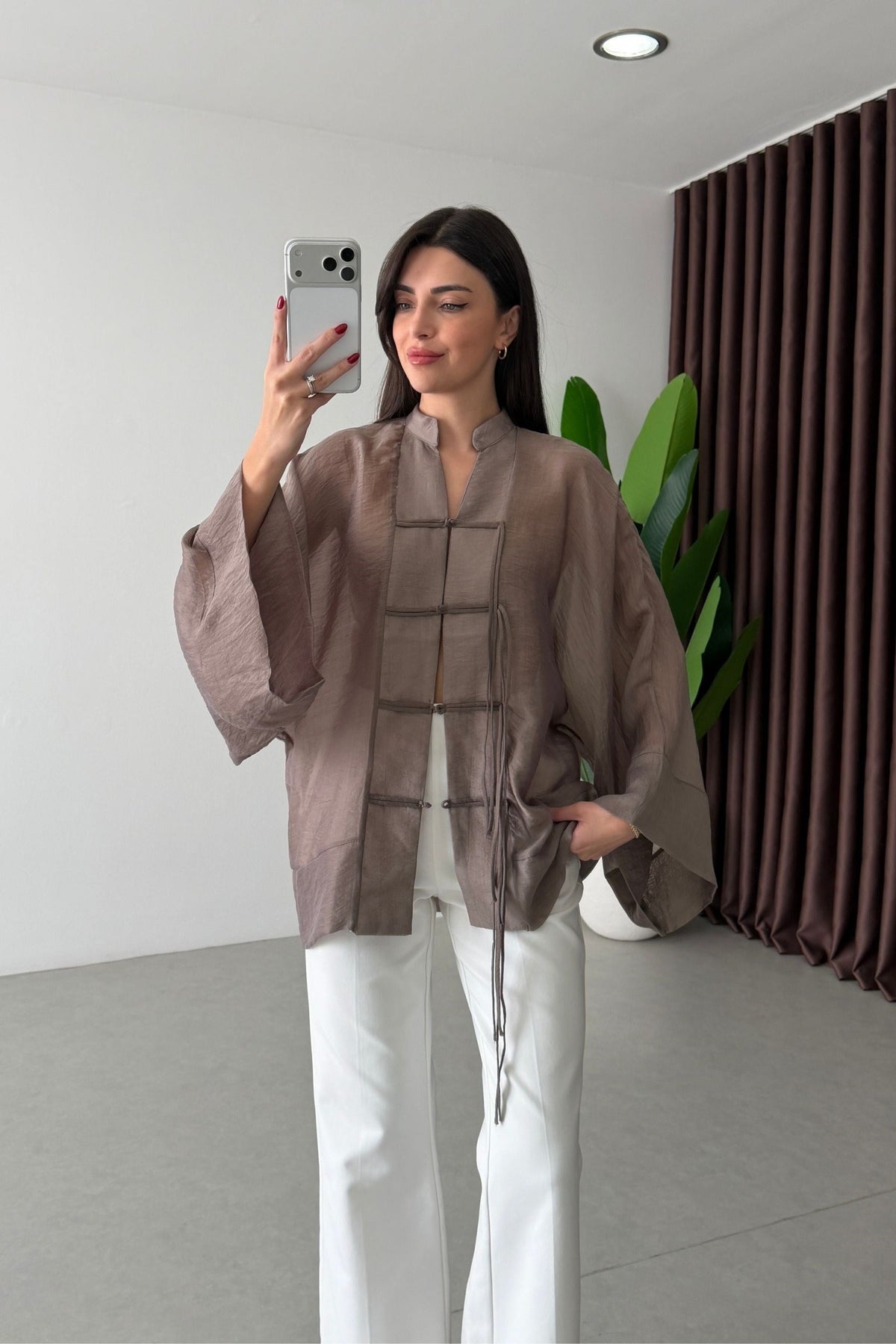 Mandarin Tencel Shirt Taupe - STD Size