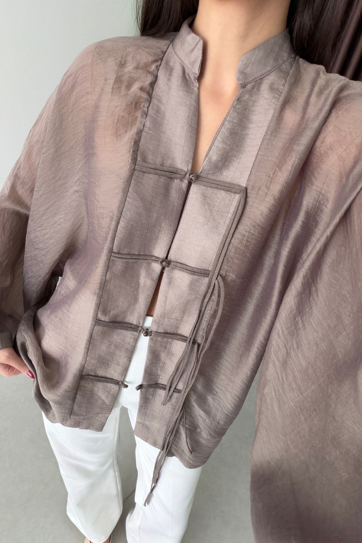 Mandarin Tencel Shirt Taupe - STD Size