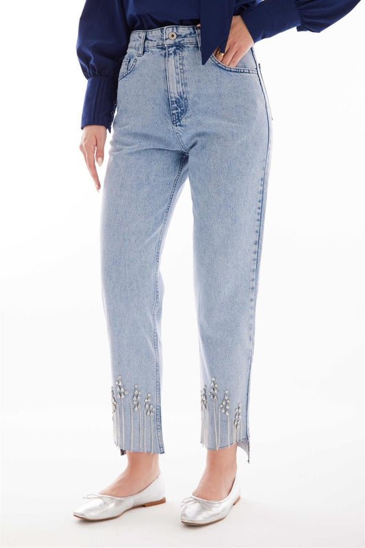 Stone Detailed Tasseled Jeans