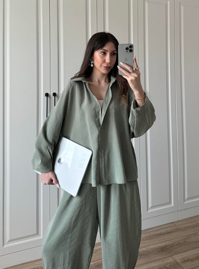 Seafoam Luxe Tencel Co-Ord — Relaxed Balloon Pants & Button-Down Top