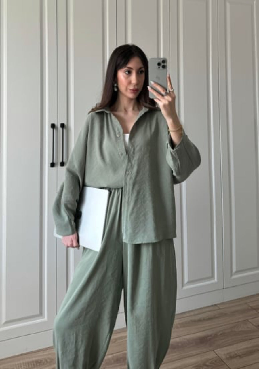 Seafoam Luxe Tencel Co-Ord — Relaxed Balloon Pants & Button-Down Top