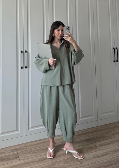 Seafoam Luxe Tencel Co-Ord — Relaxed Balloon Pants & Button-Down Top