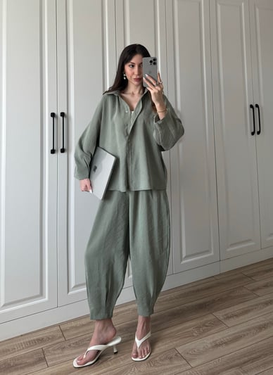 Seafoam Luxe Tencel Co-Ord — Relaxed Balloon Pants & Button-Down Top