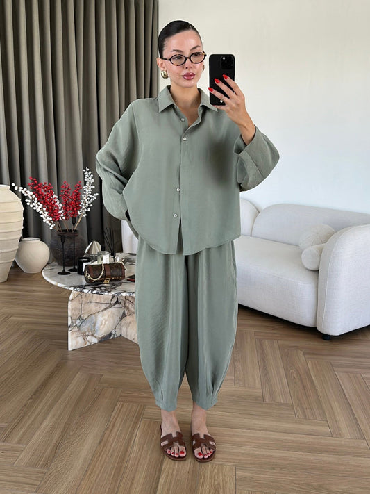 Mint Luxe Tencel Co-Ord — Relaxed Balloon Pants & Button-Down Top