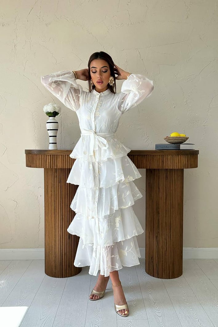 Ecru Layered Frill Dress