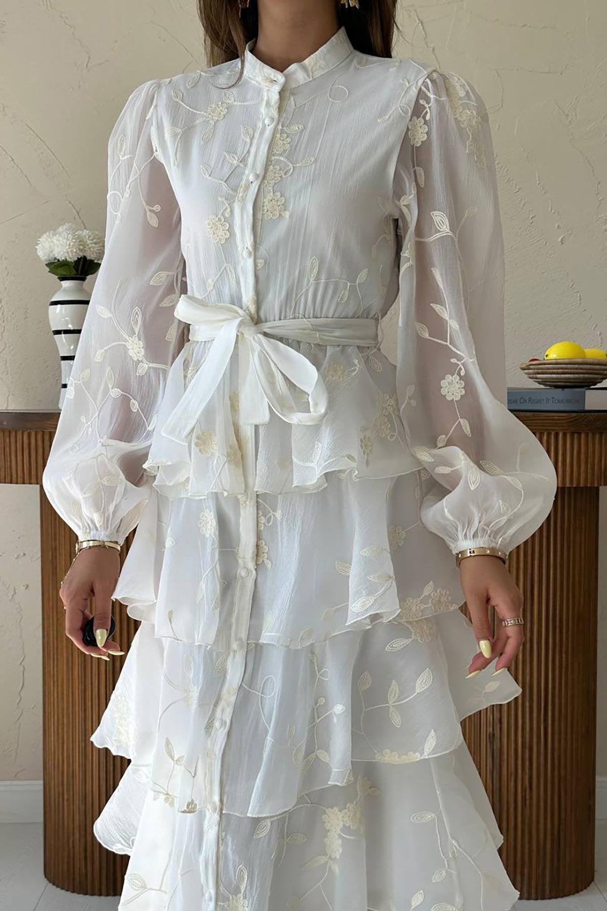 Ecru Layered Frill Dress