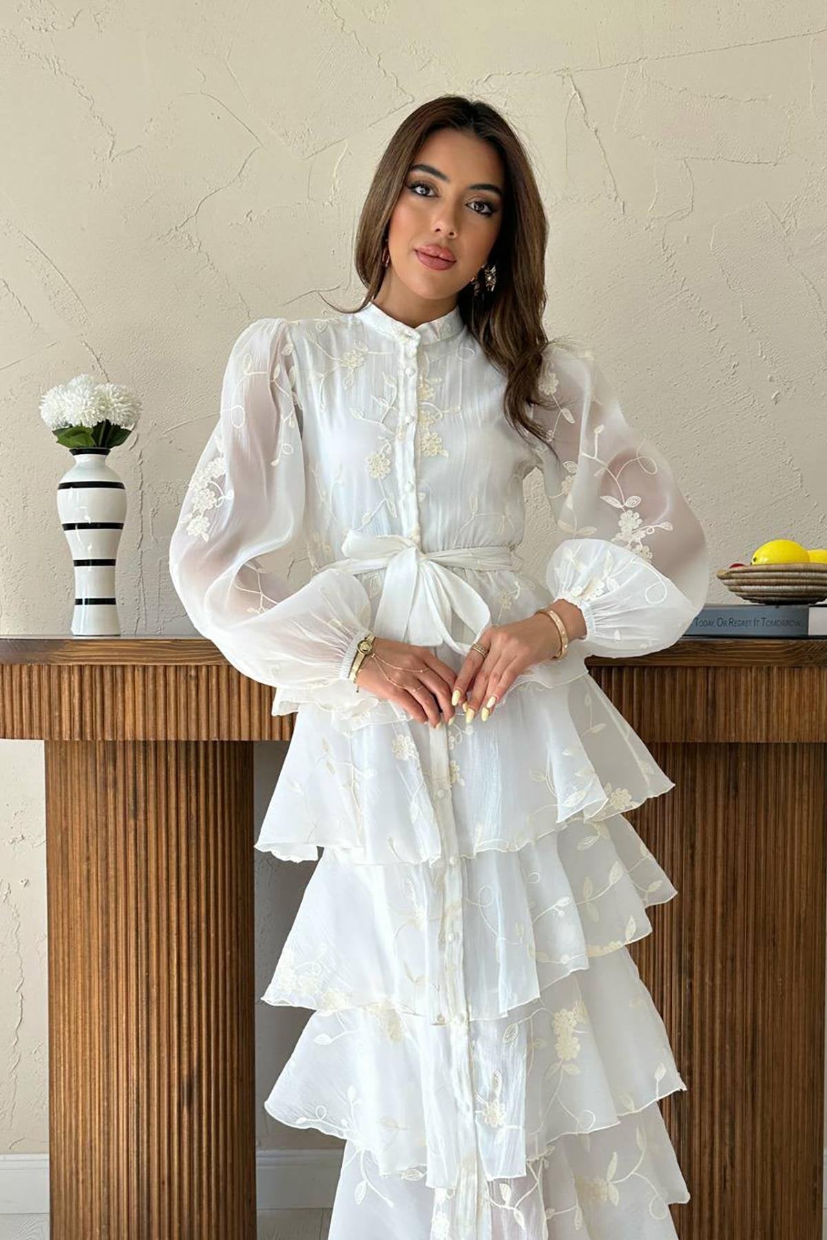 Ecru Layered Frill Dress