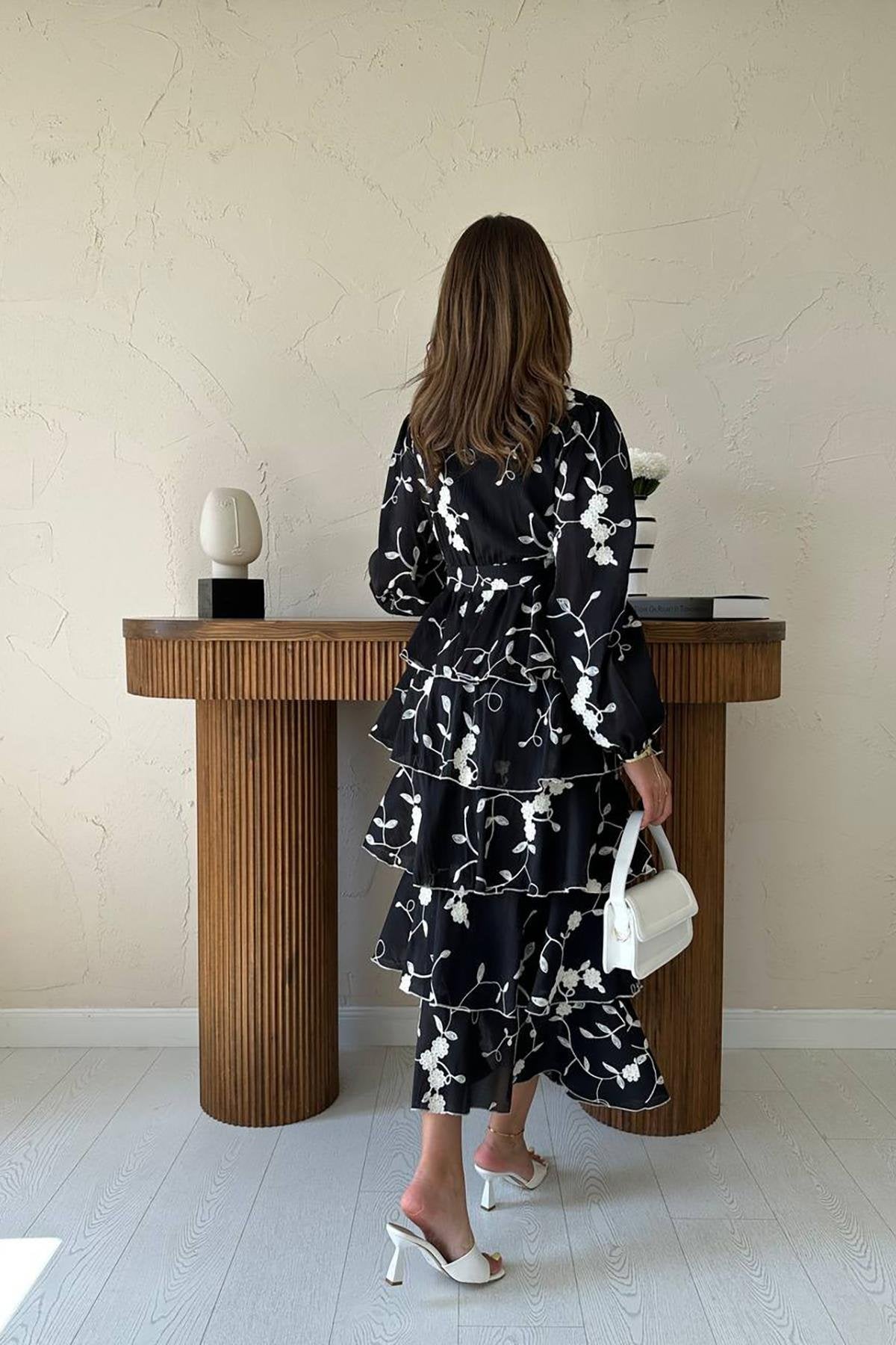 Black White Detailed Layered Frill Dress