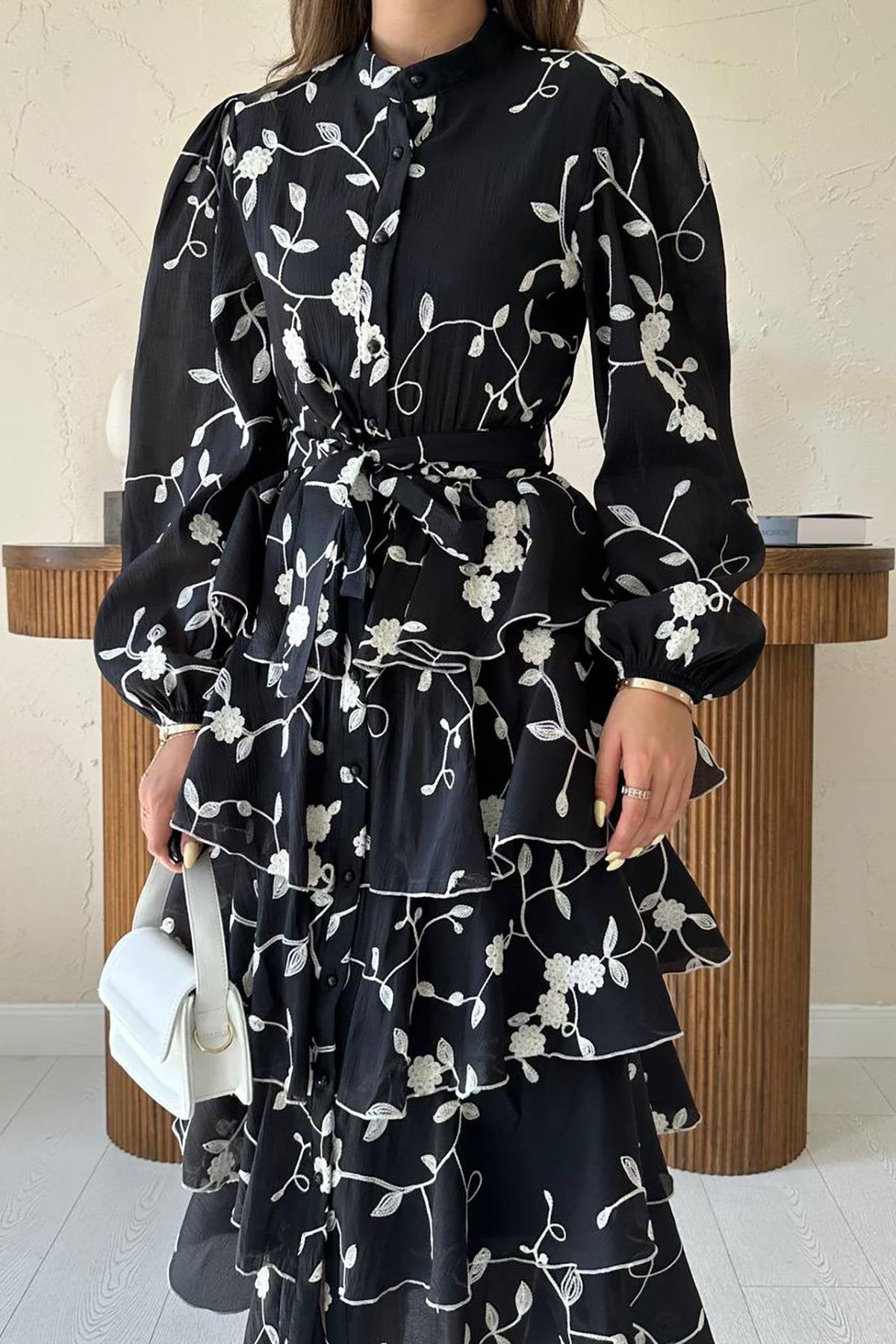Black White Detailed Layered Frill Dress