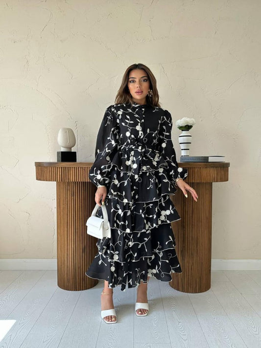 Black White Detailed Layered Frill Dress