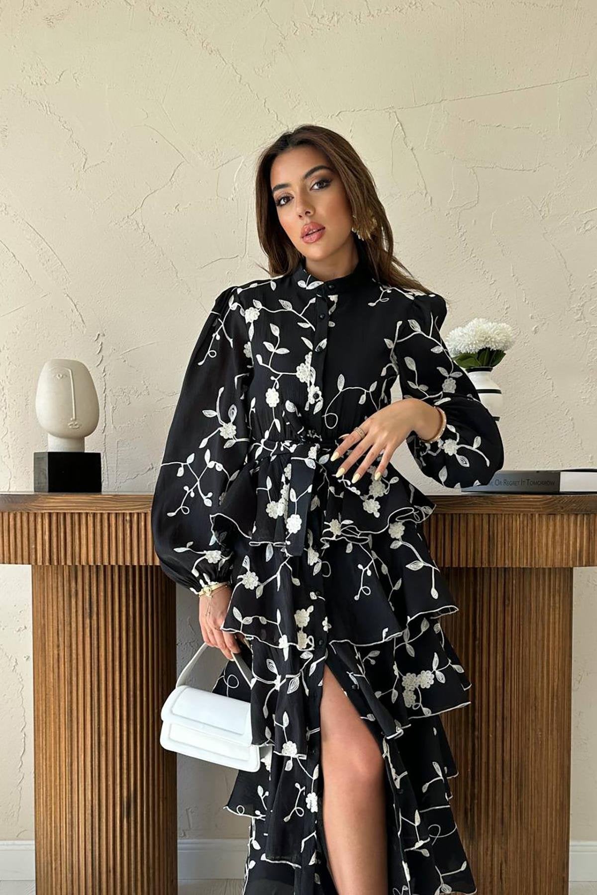 Black White Detailed Layered Frill Dress