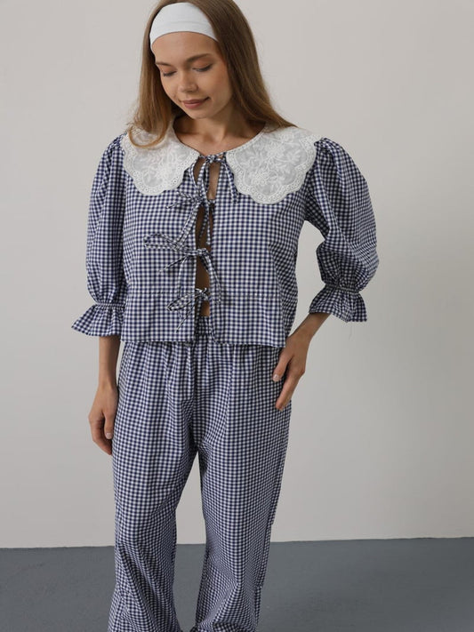 Square Patterned Lace Collar Set Blue