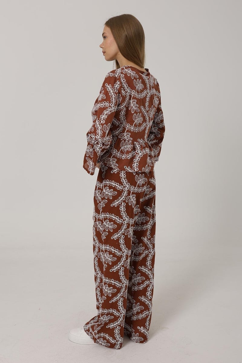 Embroidered Cotton Tie-Up Set Brown