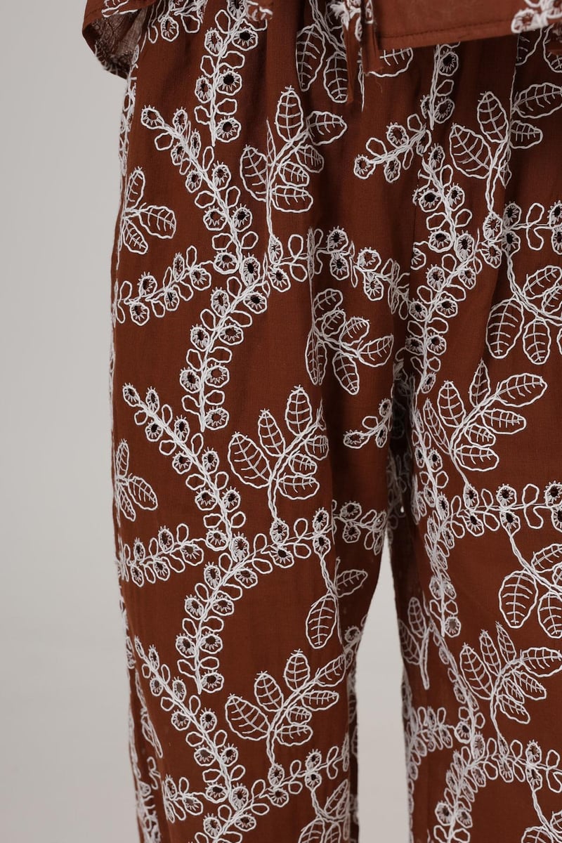 Embroidered Cotton Tie-Up Set Brown