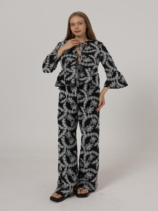 Embroidered Cotton Tie-Up Set Black