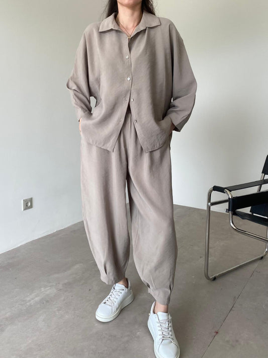 Beige Luxe Tencel Co-Ord — Relaxed Balloon Pants & Button-Down Top