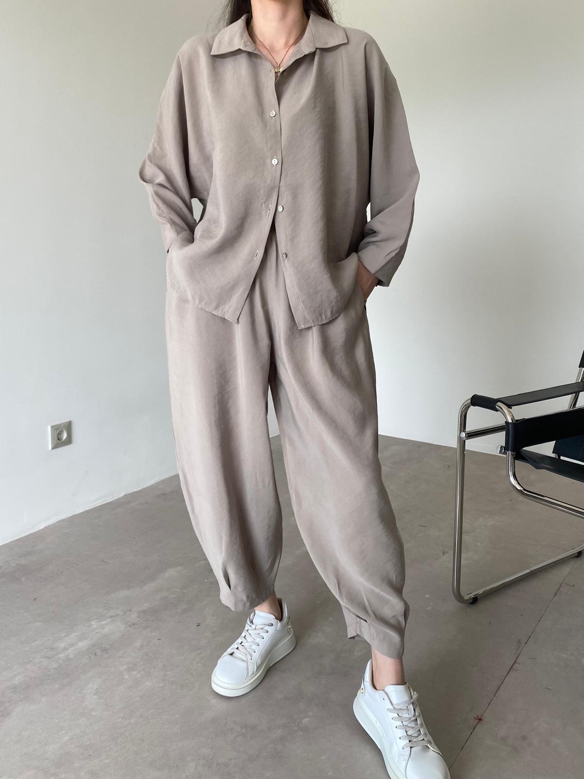 Beige Luxe Tencel Co-Ord — Relaxed Balloon Pants & Button-Down Top