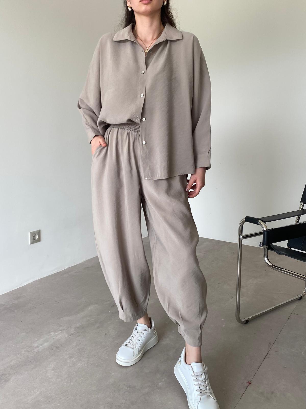 Beige Luxe Tencel Co-Ord — Relaxed Balloon Pants & Button-Down Top