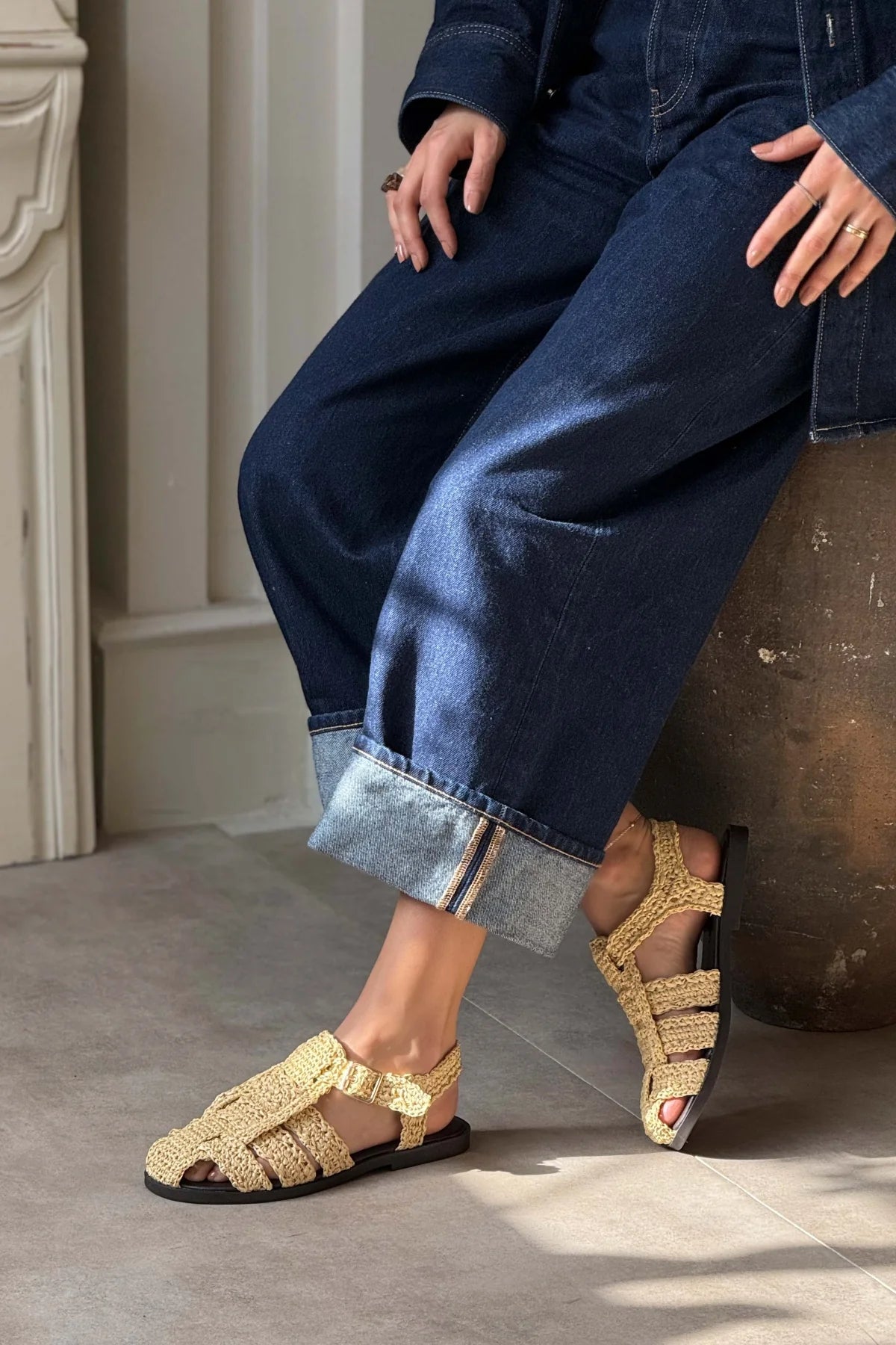 RAMONA Beige Woven Flat Sandals with Back Strap Detail