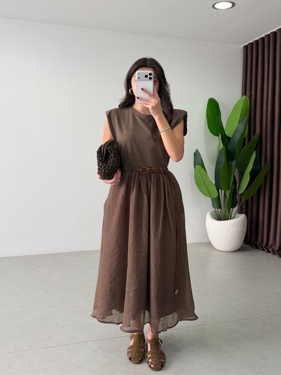 Luna Belted Midi Dress Brown