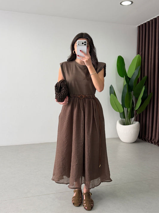 Luna Belted Midi Dress Brown